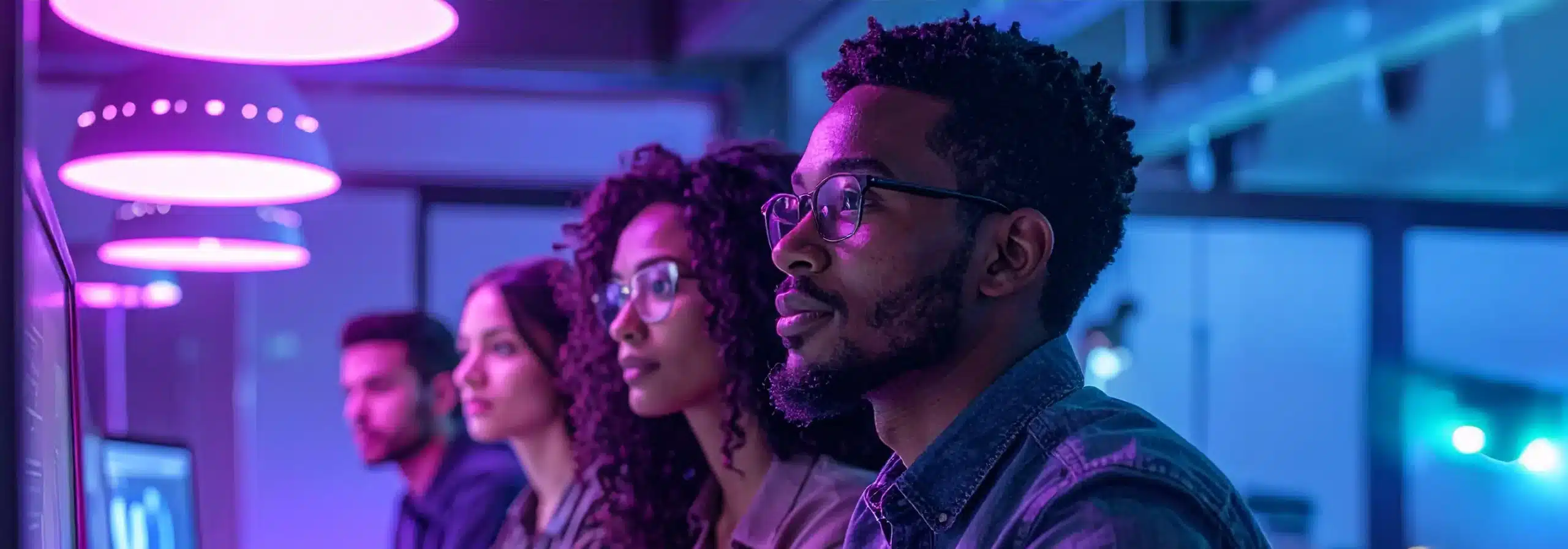 Grupo diverso de personas mirando pantallas en un entorno de oficina moderno con iluminación neón.